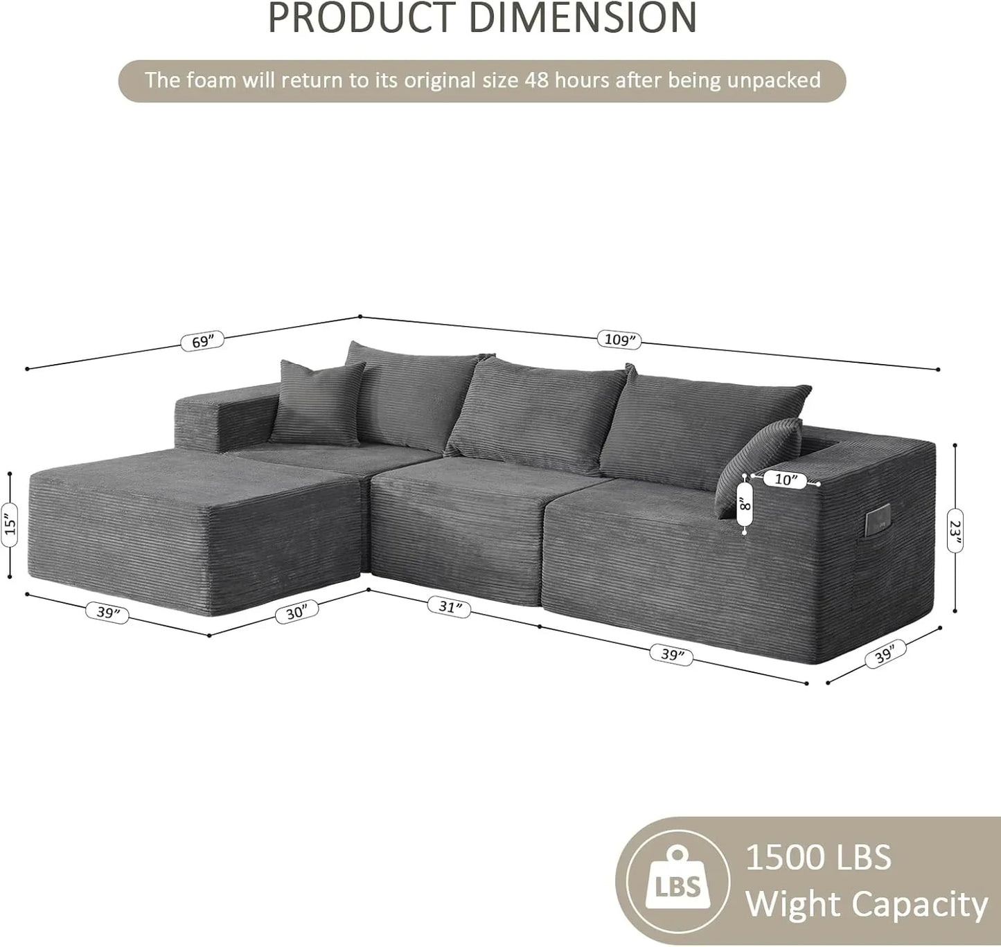 Cloud Sectional Couch With L-Shape Chaise, Modern Modular Sofa With Deep Seat, Upholstered Couches For Living Room Bedroom, No Assembly Required