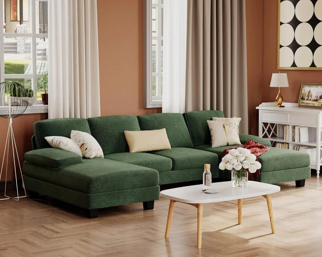 Furmax Sectional Couches For Living Room, U-Shaped Sofa Couch With Linen Fabric, 4 Seat Sofa Set With Double Chaise For Apartment, Fabric, Grey