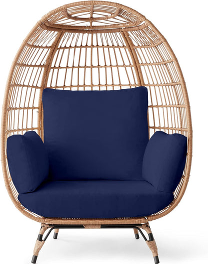 Best Choice Products Wicker Egg Chair Oversized Indoor Outdoor Lounger For Patio Backyard Living Room W/4 Cushions Steel Frame 440lb Capacity- Ivory