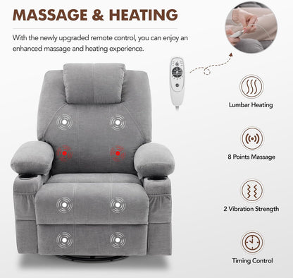 Oversized Swivel Rocker Recliner Chair With Heat And Massage, 360 Degree Swivel Rocking Single Sofa With Cup Holders And USB Port