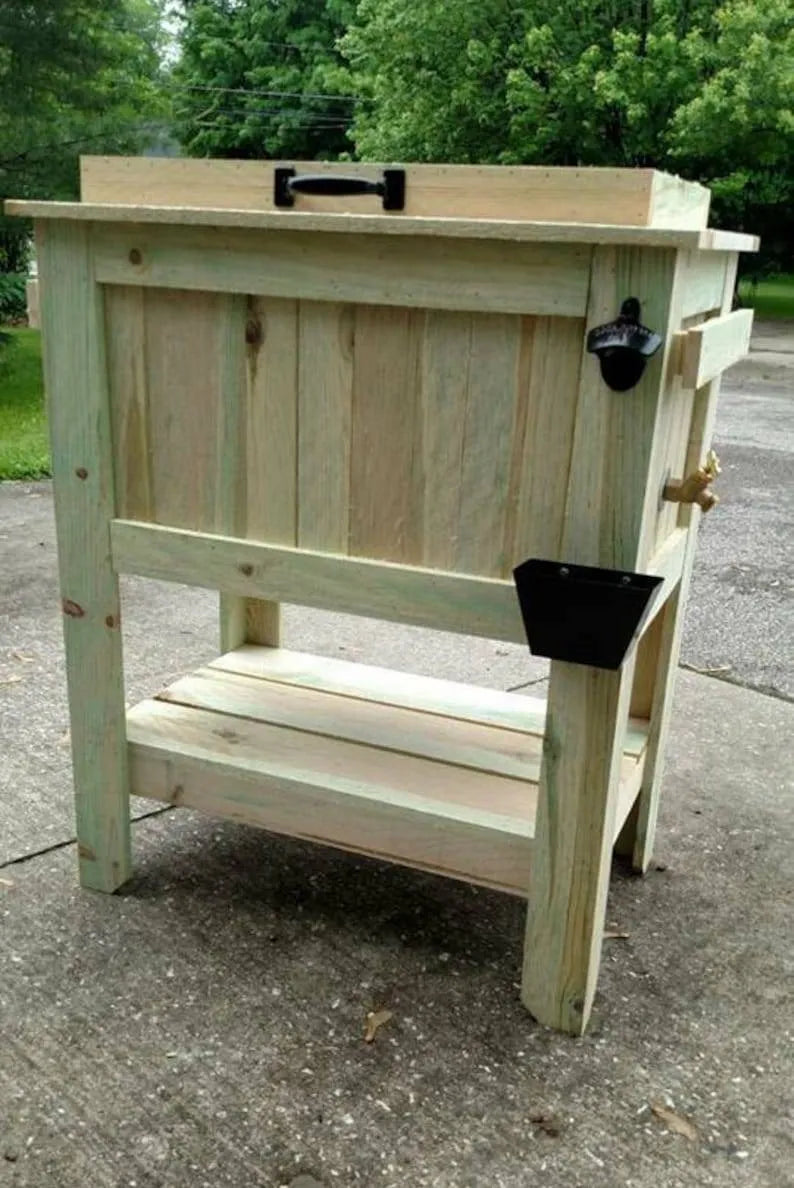 All Weather 48 Quart Antiqued Cedar Cooler Stand With Brass Drain, Bottle Opener And Cap Catcher, Beer Cooler