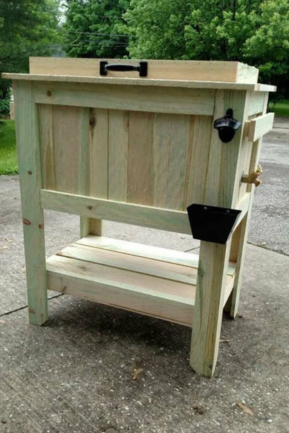 All Weather 48 Quart Antiqued Cedar Cooler Stand With Brass Drain, Bottle Opener And Cap Catcher, Beer Cooler