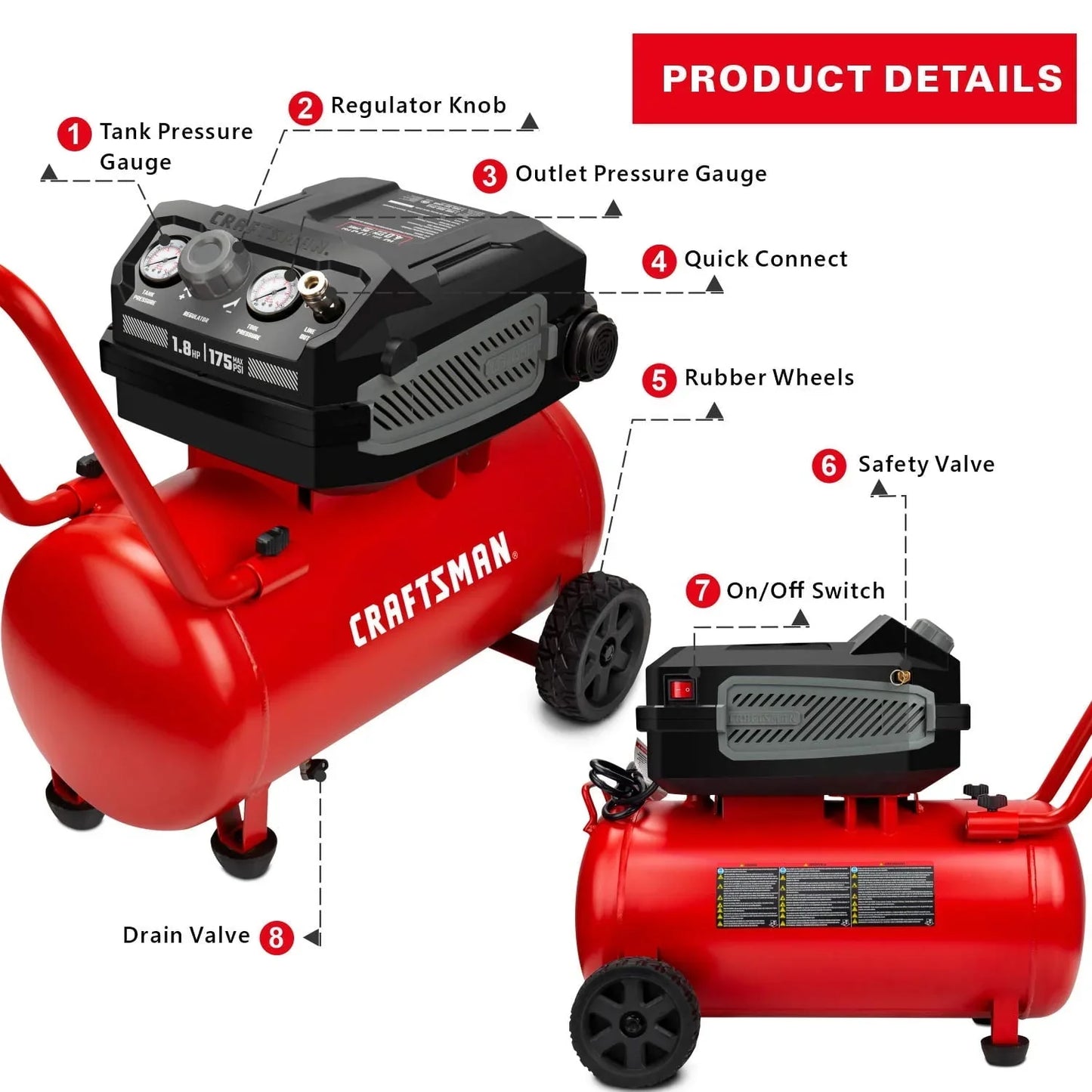 Hard Air Compressor, 10 Gallon 1.8 HP 175 PSI, 4.0CFM 90PSI, Oil Free And Maintenance Free, Portable With Large Wheels, CMXECXA0201041