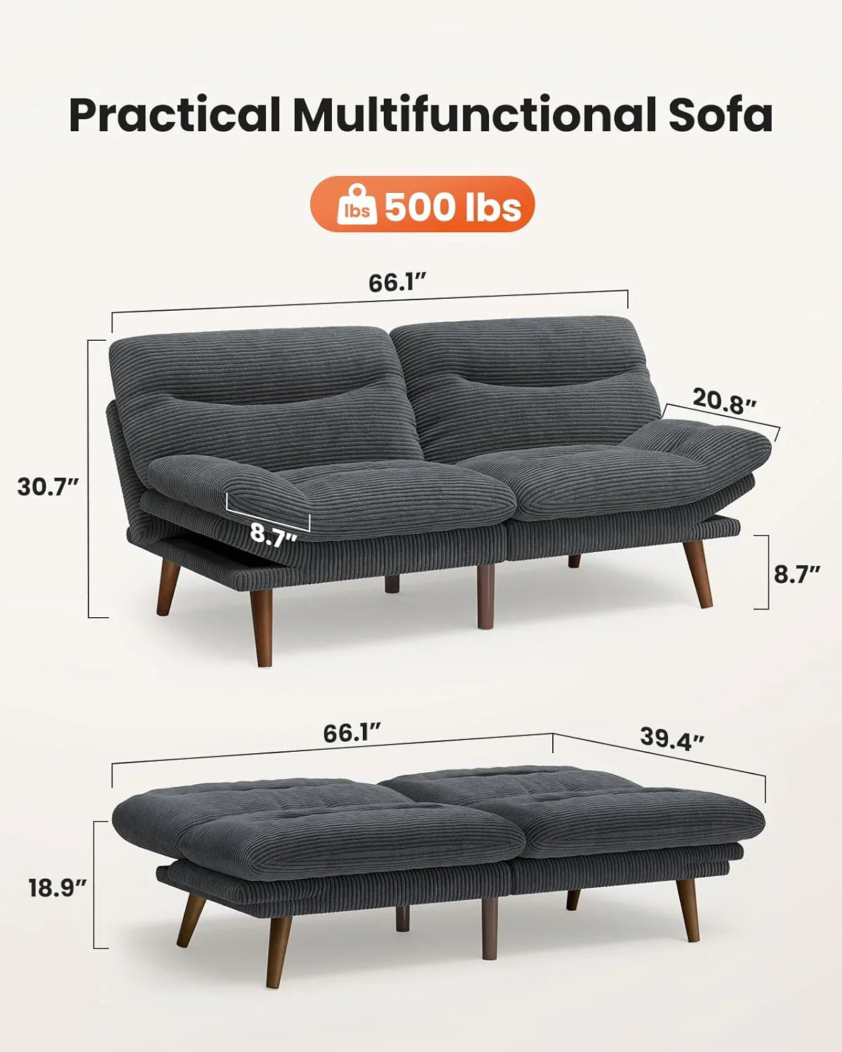 Pipishell Convertible Futon Sofa Bed, 66 In. Corduroy Futon Couch With Adjustable Backrest And Armrests, Recliner Sleeper Sofa For Small Spaces