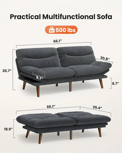 Pipishell Convertible Futon Sofa Bed, 66 In. Corduroy Futon Couch With Adjustable Backrest And Armrests, Recliner Sleeper Sofa For Small Spaces
