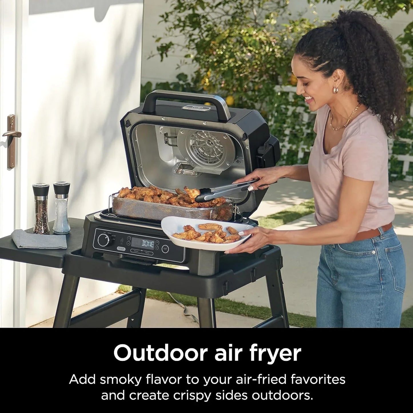 7-in-1 Grill And Smoker With Thermometer, Air Fryer, Bbq, Bake, Roast, Broil- Portable Electric Outdoor Grill, Grey