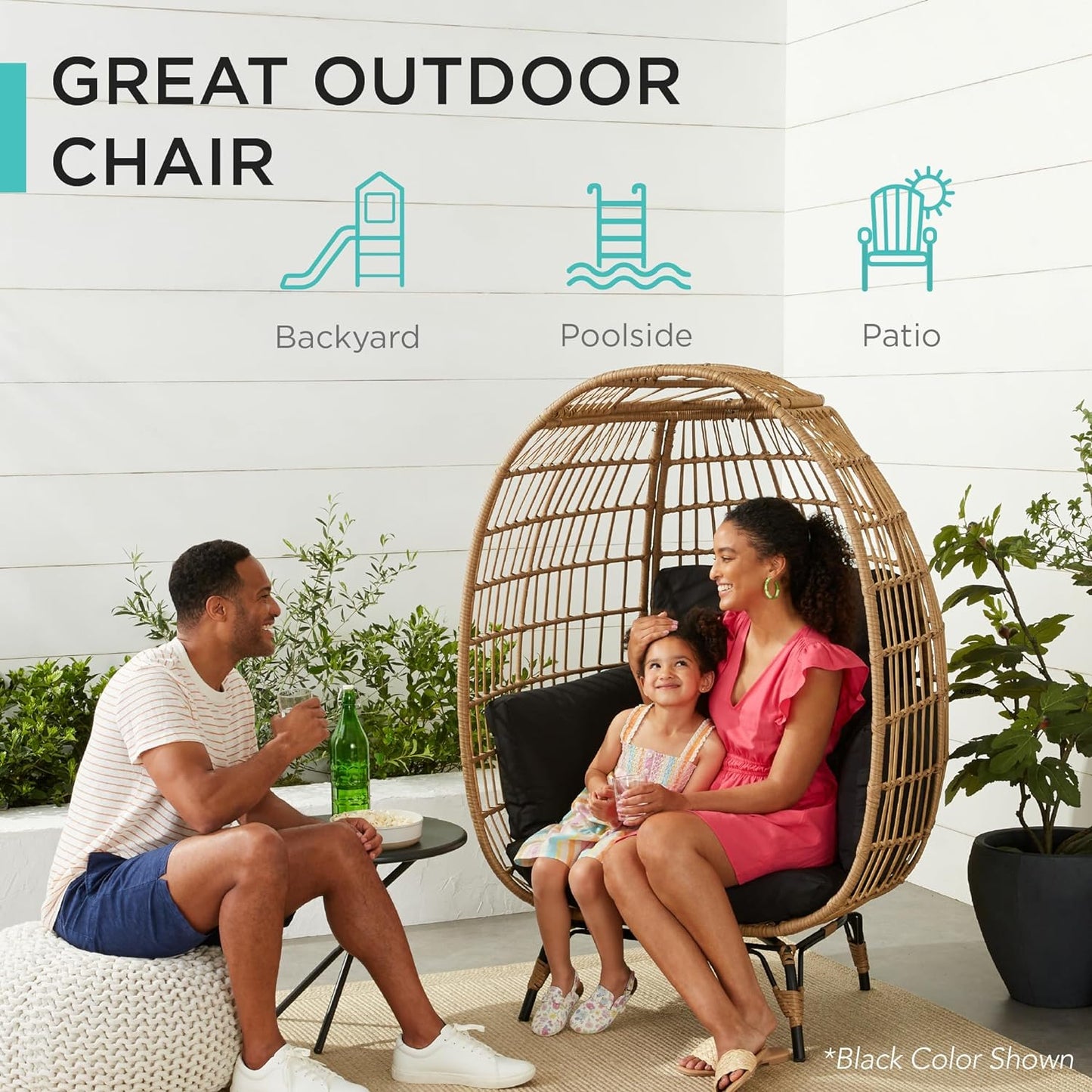 Best Choice Products Wicker Egg Chair Oversized Indoor Outdoor Lounger For Patio Backyard Living Room W/4 Cushions Steel Frame 440lb Capacity- Ivory