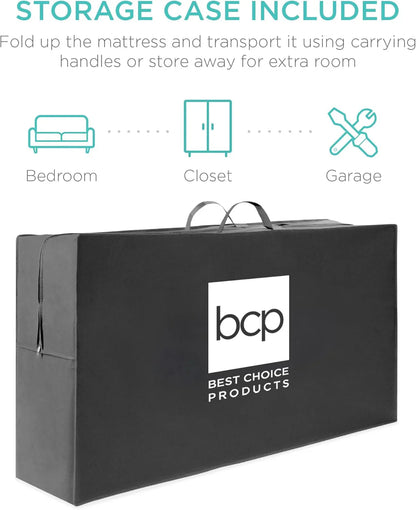 Best Choice Products 4 In. Portable Queen-Size Mattress, Tri-Fold Mattress For Camping, Guest, Toddler, Foam Plush w/Carry Case- Grey