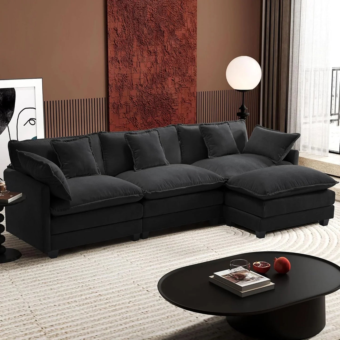 111.4 In. L-Shaped Modern Sofa Modular Cloud Sofa Ottoman 4-Seater Chenille Deep Seat Sofa