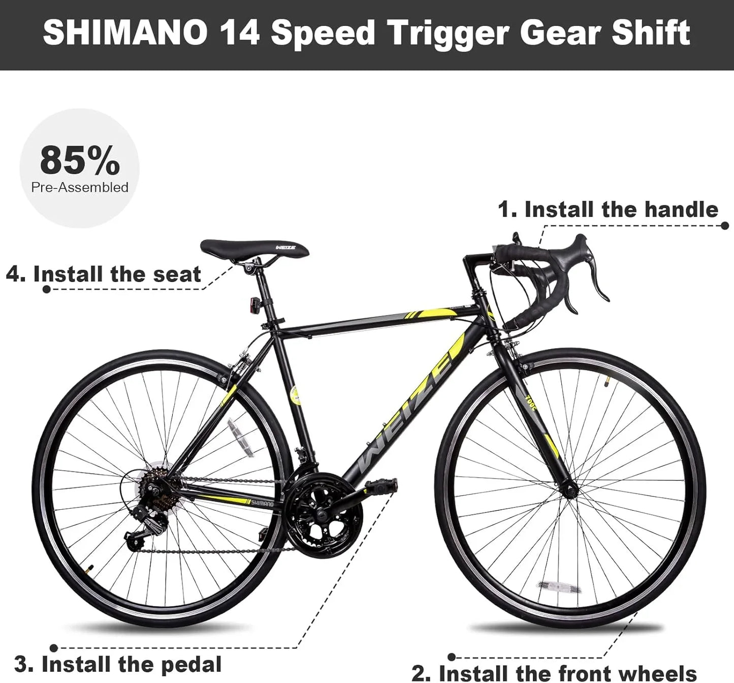 Weize Road Bike, 700C Wheel City Commuter Bicycle, Shimano 14 Speed Drop Bar, Racing Adult Bike With Caliper Brakes, High-Carbon Steel Hybrid Bikes