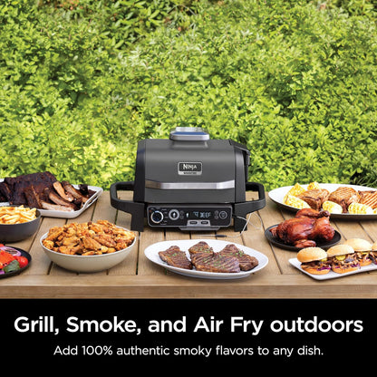 7-in-1 Grill And Smoker With Thermometer, Air Fryer, Bbq, Bake, Roast, Broil- Portable Electric Outdoor Grill, Grey