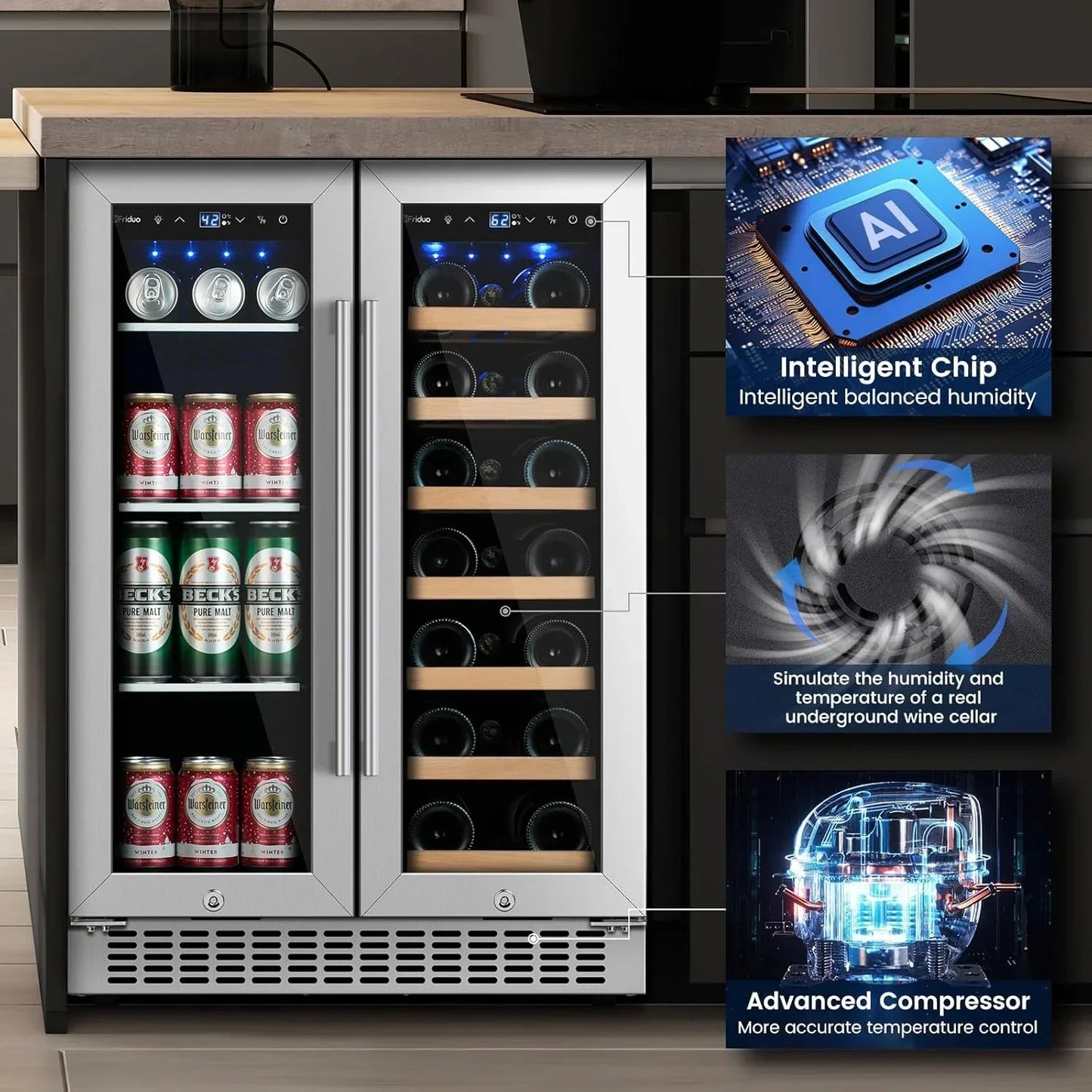 24 In. Dual Zone Beverage Refrigerator 30 Bottles 82 Cans Wine Fridge Built-In Or Freestanding