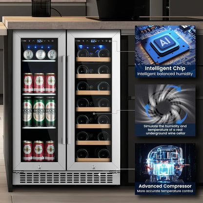 24 In. Dual Zone Beverage Refrigerator 30 Bottles 82 Cans Wine Fridge Built-In Or Freestanding