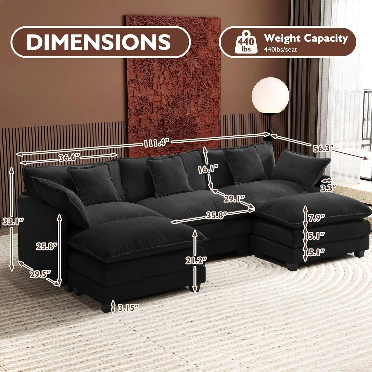 Ihanherry 146 In. U-Shaped Modern Sofa Modular Sectional Cloud Couch With 2 Ottoman