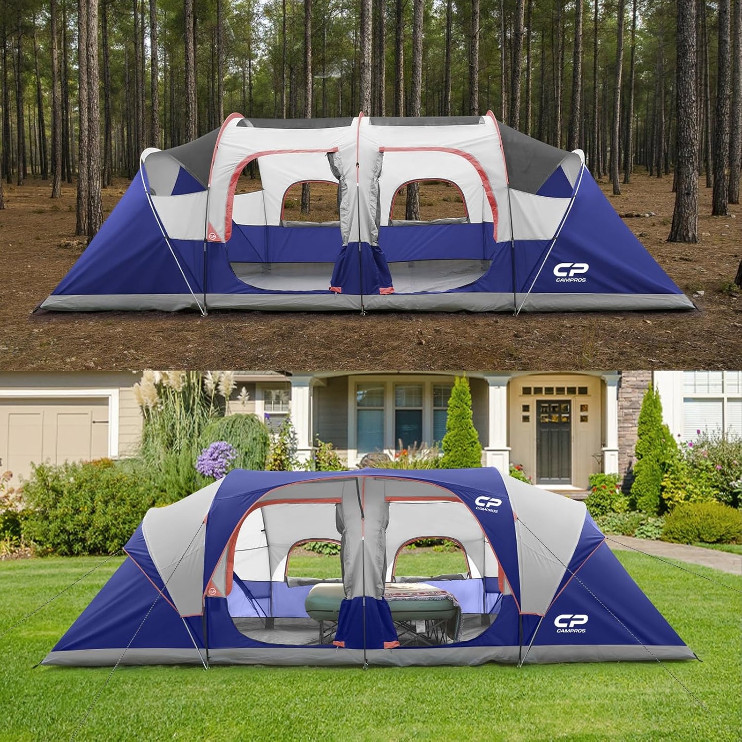 Campros Cp Tent 12-Person-Camping-Tents, 3 Room Family Tents, Waterproof Windproof Family Tent With Top Rainfly, 6 Large Mesh Windows