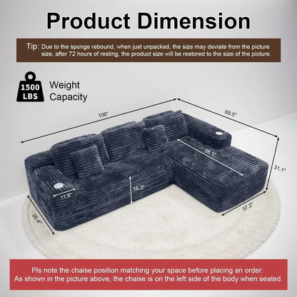 Cloud Section Sofa With L-Shaped Recliner Modern Modular Sofa Built-In Cup Holder