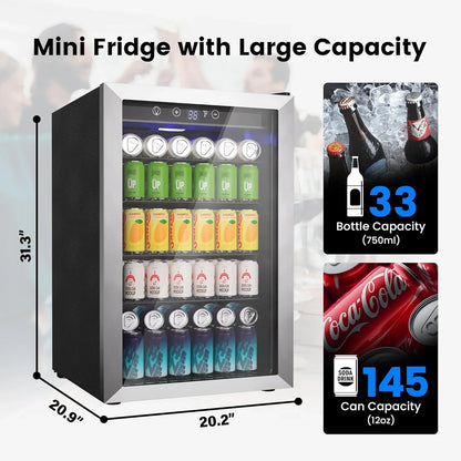 Beverage Refrigerator Cooler- 126 Can Mini Fridge Glass Door For Drinks Soda Beer Wine- Small Refrigerator For Office Bedroom Home Bar