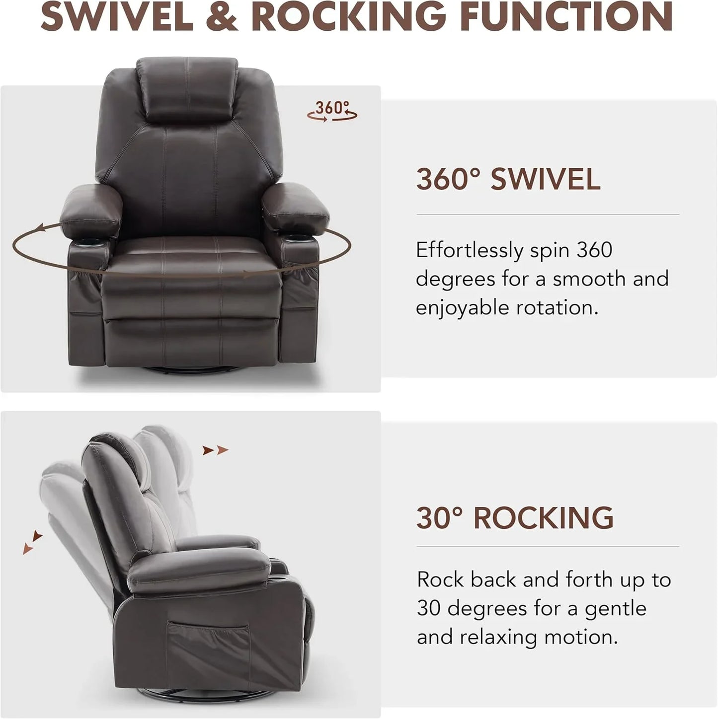 Oversized Swivel Rocker Recliner Chair With Heat And Massage, 360 Degree Swivel Rocking Single Sofa With Cup Holders And USB Port