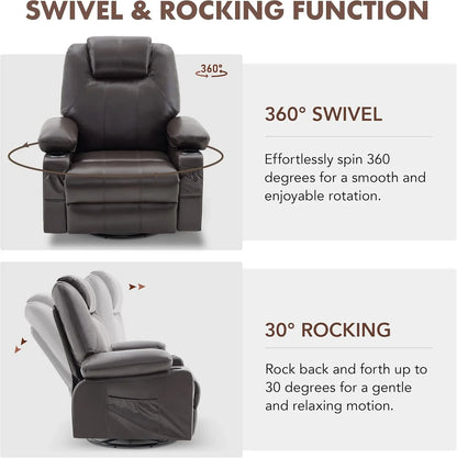 Oversized Swivel Rocker Recliner Chair With Heat And Massage, 360 Degree Swivel Rocking Single Sofa With Cup Holders And USB Port