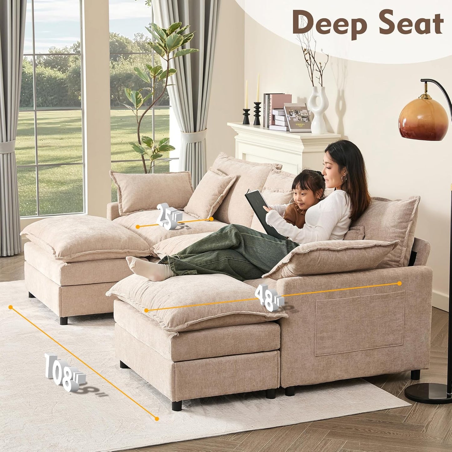 108 In. U Shape Sofa Sectional Sofa Comfortable Cloud Sofa With Removable Footstool