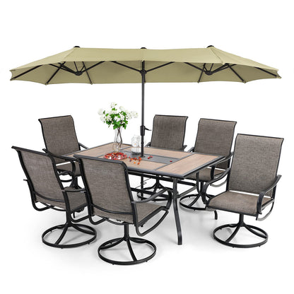 8 Pieces Patio Dining Set With Umbrella, Outdoor Furniture Set With 6 Sling Dining Swivel Chairs