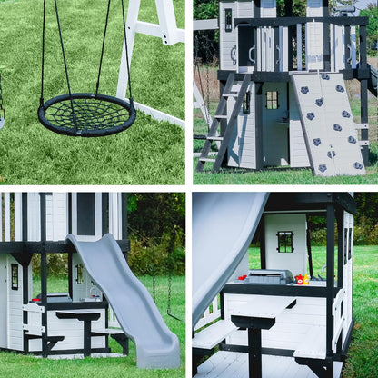 Backyard Discovery Canyon Creek Cedar Wood Swing Set With Wave Slide, Clubhouse, Play Kitchen, Picnic Area, Belt Swings, Web Swing, Rock Wall