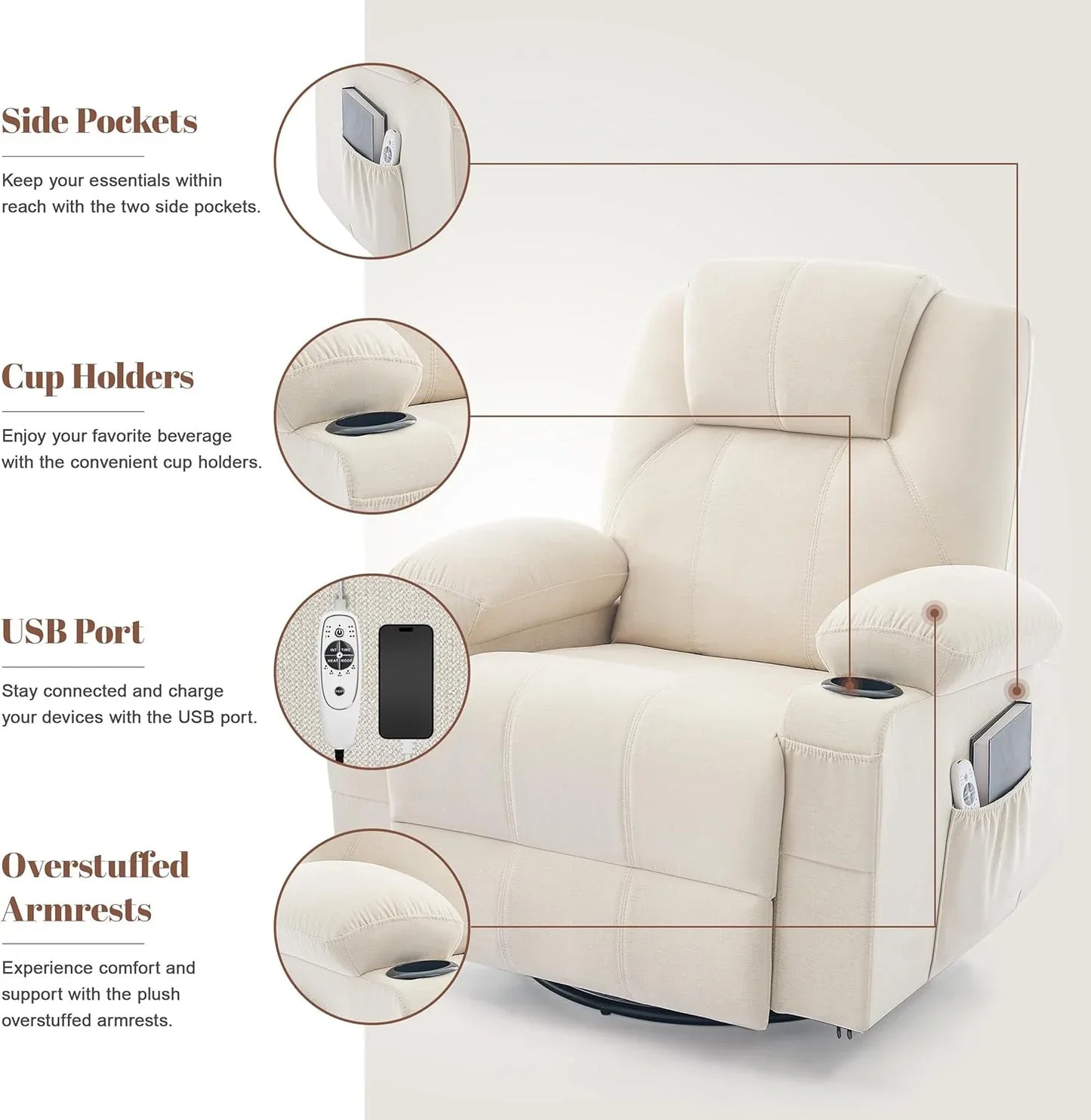 Oversized Swivel Rocker Recliner Chair With Heat And Massage, 360 Degree Swivel Rocking Single Sofa With Cup Holders And USB Port