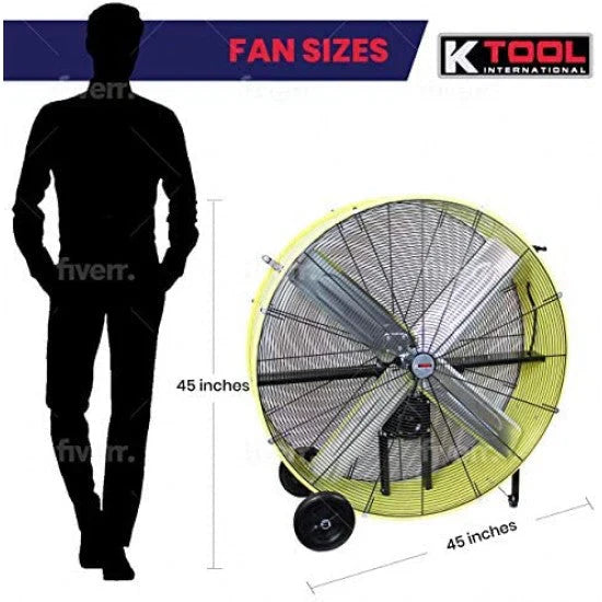 K Tool International 42 In. Belt Drive Drum Fan, Industrial, Garage, Shop, High Speed 2-Speed, Cut-Off Protection, Easy Mobility Rubber Wheels