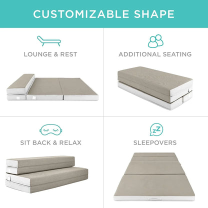 Best Choice Products 4 In. Portable Queen-Size Mattress, Tri-Fold Mattress For Camping, Guest, Toddler, Foam Plush w/Carry Case- Grey