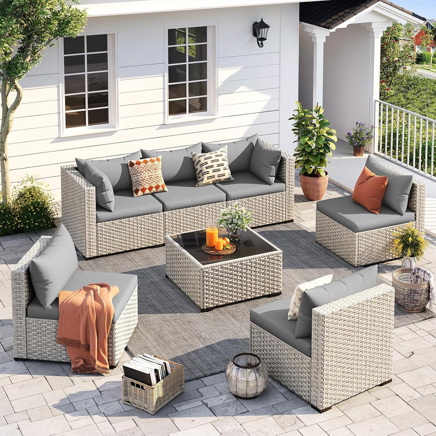 Udpatio Outdoor Patio Furniture Set 7-Piece PE Wicker Sectional Sofa Outdoor Conversation Set
