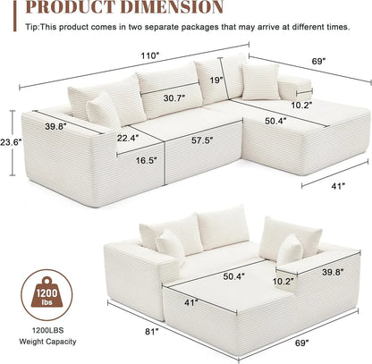 110 Cloud Sectional Couch, Boneless Sofa For Living Room Modular Sectional Sofa With Deep Seat