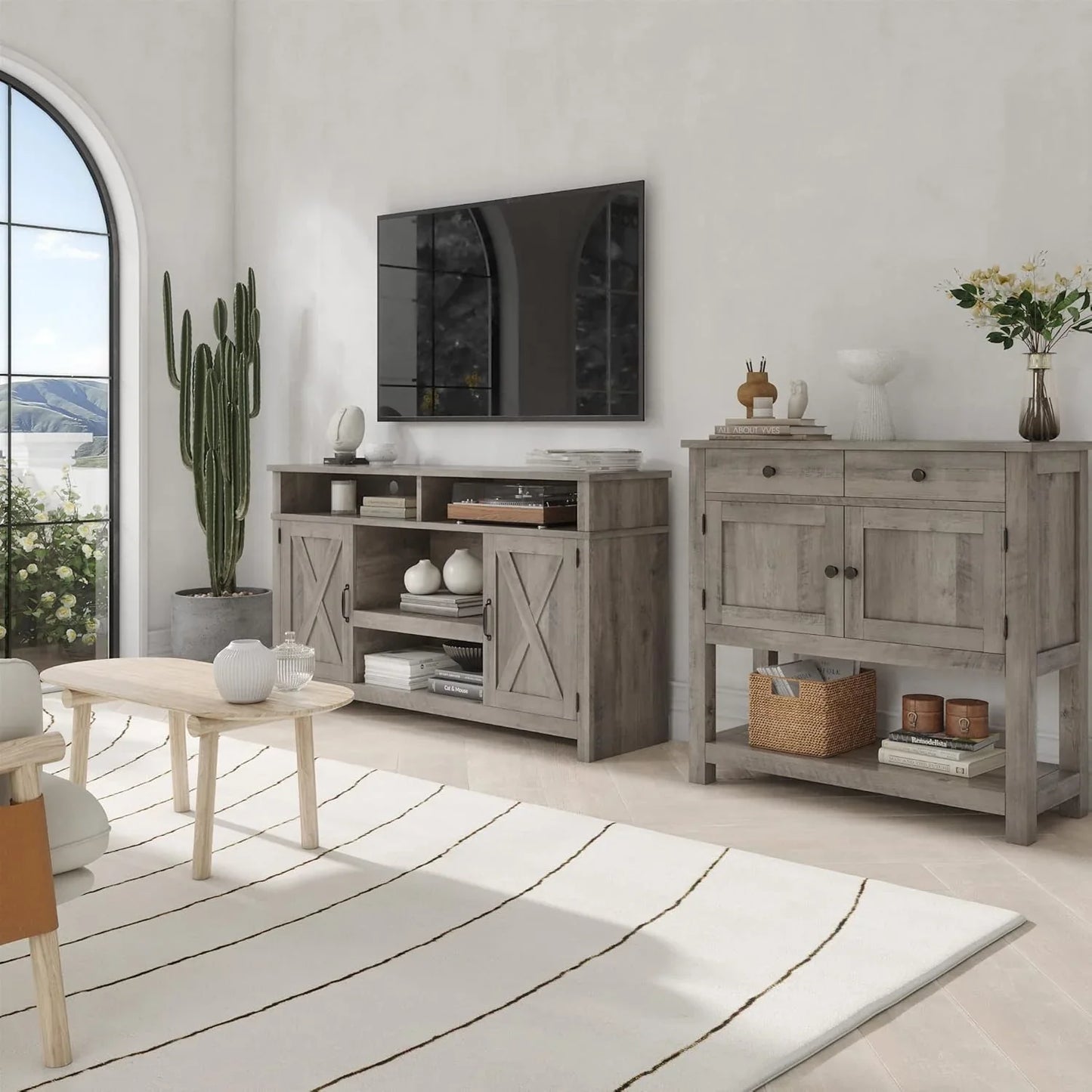 Hostack Farmhouse Console Table With 2-Door Cabinet And 2 Drawers, Coffee Bar, Entryway Table With Storage Shelf