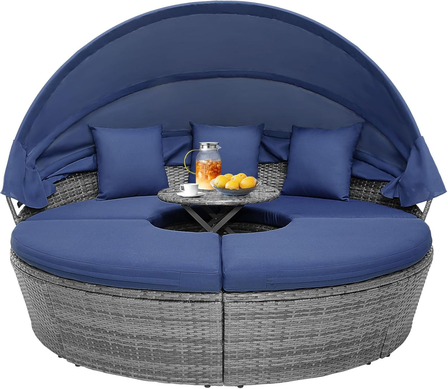 Outdoor Daybed, Rattan Round Daybed With Sunshade Canopy, Patio Set With Cushions And Adjustable Coffee Table, Rattan Patio Furniture