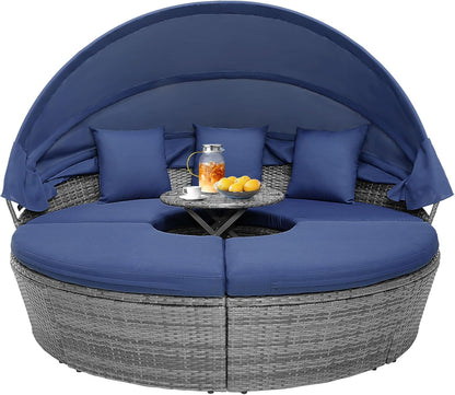 Outdoor Daybed, Rattan Round Daybed With Sunshade Canopy, Patio Set With Cushions And Adjustable Coffee Table, Rattan Patio Furniture