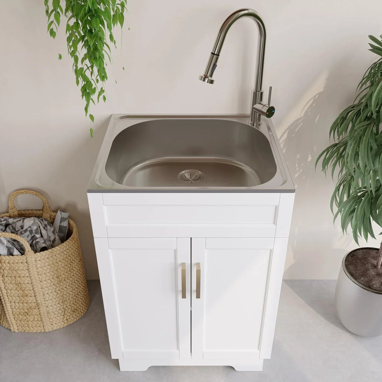 Laundry Sink Cabinet With Stainless Steel Sink And Pull-Down Faucet Utility Sink For Laundry