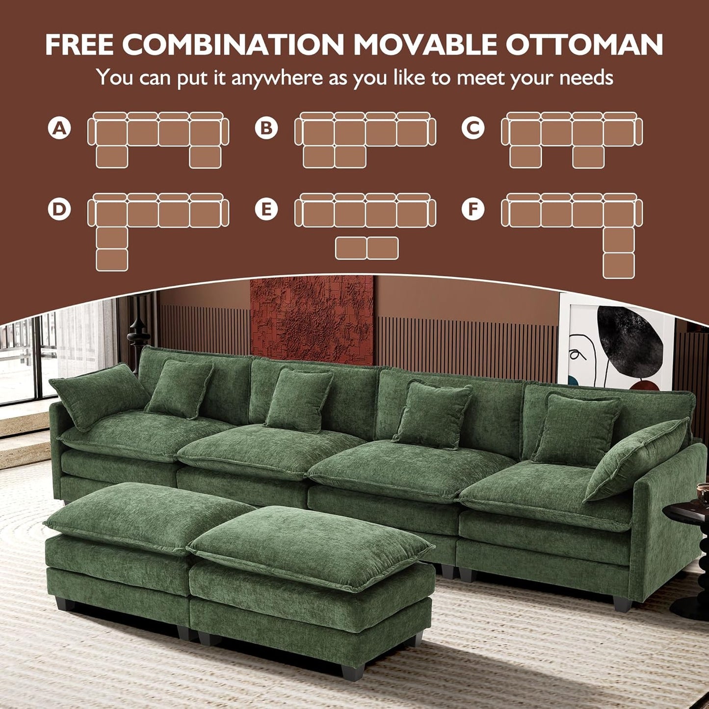 Ihanherry 146 In. U-Shaped Modern Sofa Modular Sectional Cloud Couch With 2 Ottoman