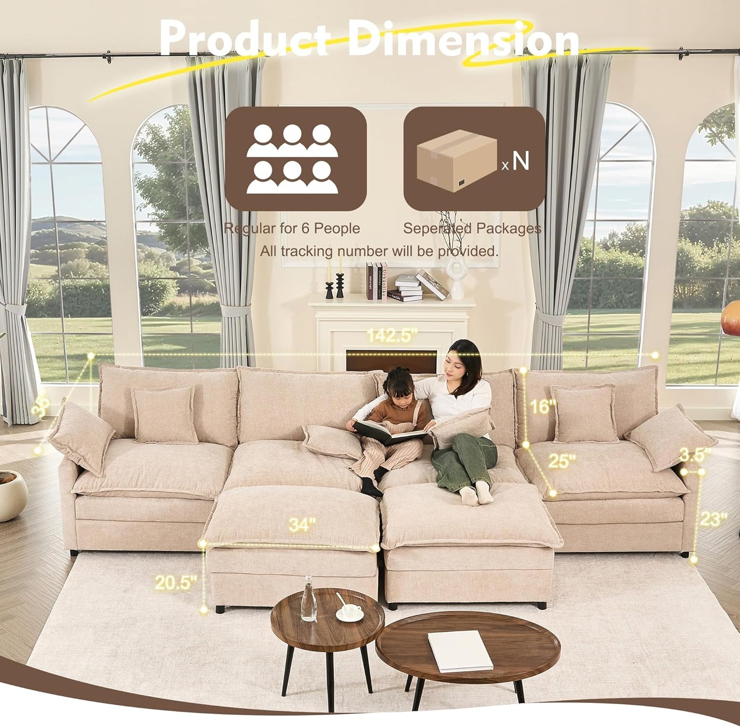108 In. U Shape Sofa Sectional Sofa Comfortable Cloud Sofa With Removable Footstool