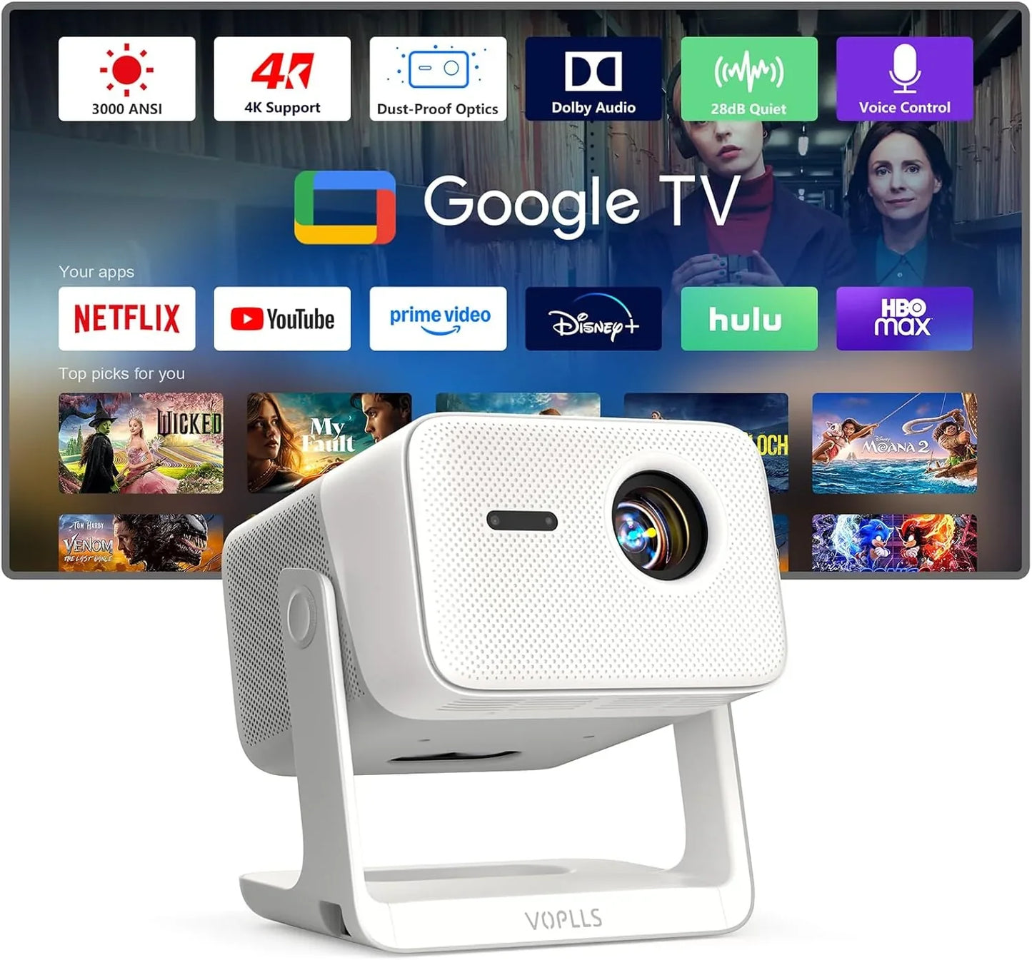 Smart Projector With WiFi And Bluetooth, Voplls Outdoor Projectors With Dolby/Auto Focus