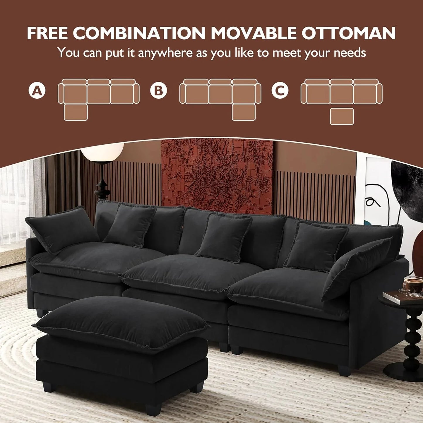 Ihanherry 146 In. U-Shaped Modern Sofa Modular Sectional Cloud Couch With 2 Ottoman
