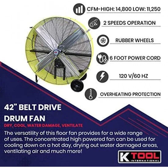 K Tool International 42 In. Belt Drive Drum Fan, Industrial, Garage, Shop, High Speed 2-Speed, Cut-Off Protection, Easy Mobility Rubber Wheels