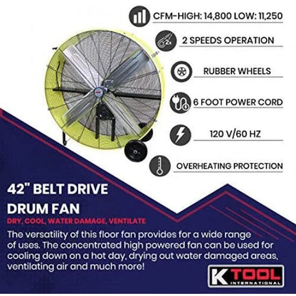 K Tool International 42 In. Belt Drive Drum Fan, Industrial, Garage, Shop, High Speed 2-Speed, Cut-Off Protection, Easy Mobility Rubber Wheels