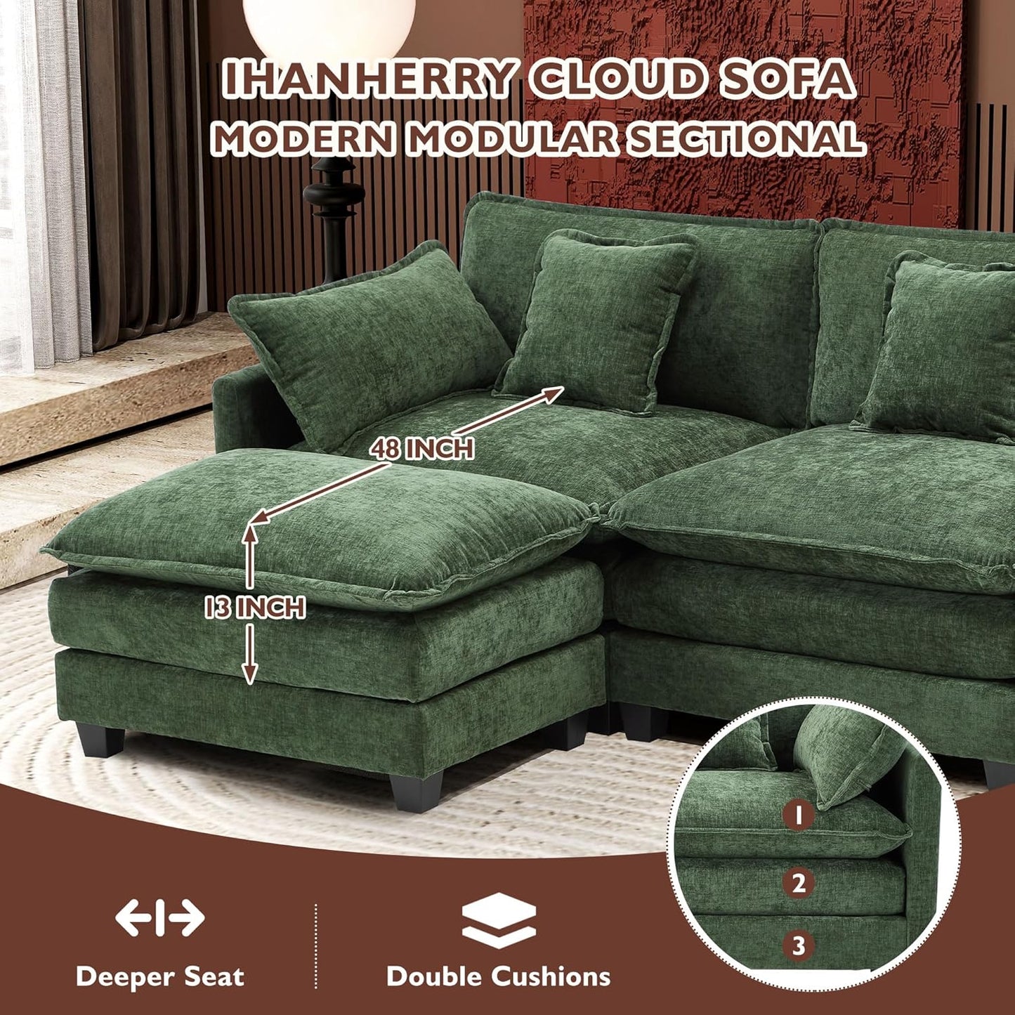 Ihanherry 146 In. U-Shaped Modern Sofa Modular Sectional Cloud Couch With 2 Ottoman