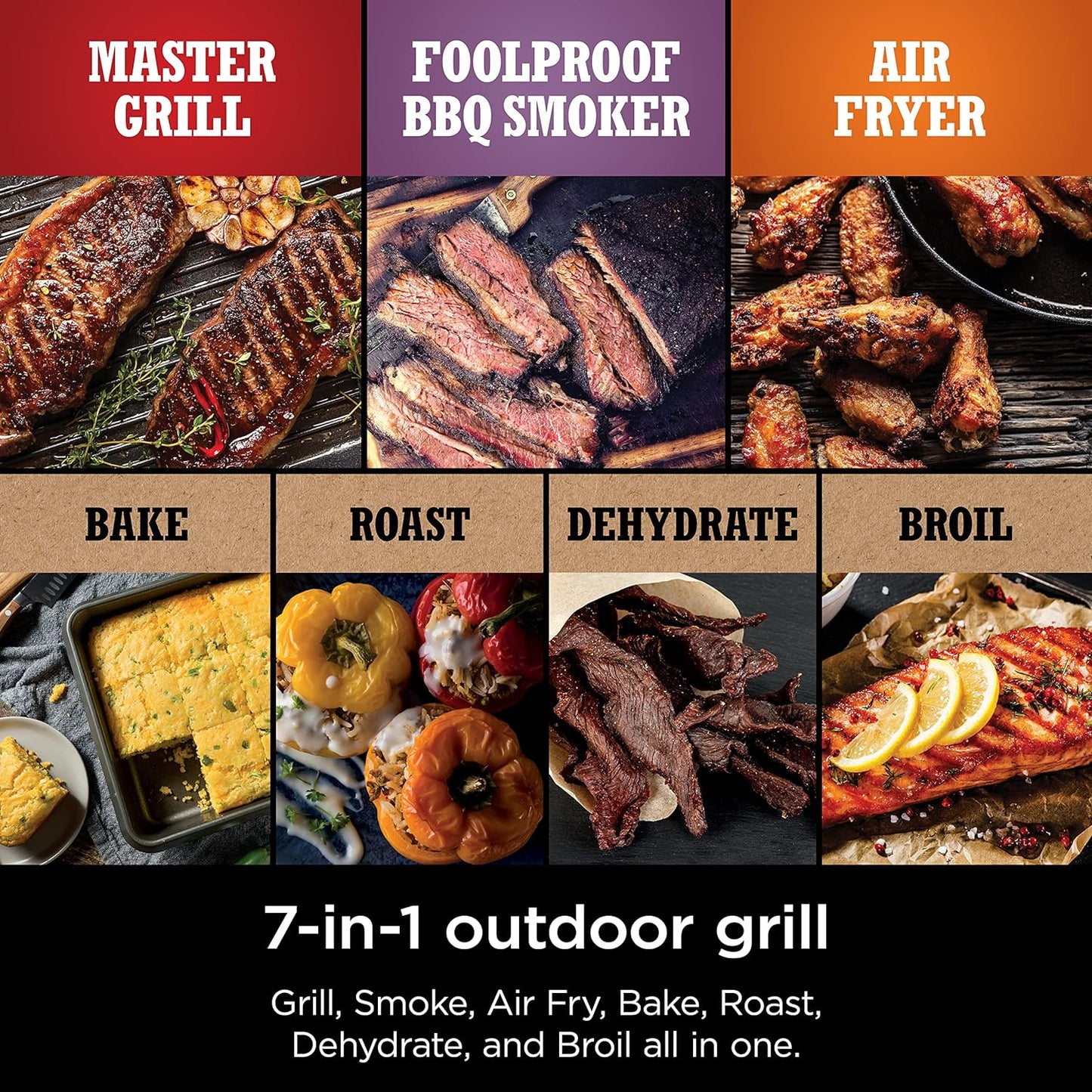 7-in-1 Grill And Smoker With Thermometer, Air Fryer, Bbq, Bake, Roast, Broil- Portable Electric Outdoor Grill, Grey