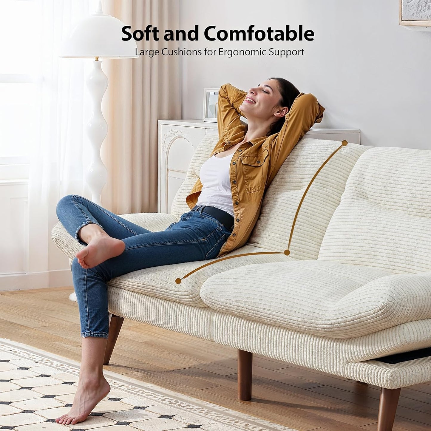 Pipishell Convertible Futon Sofa Bed, 66 In. Corduroy Futon Couch With Adjustable Backrest And Armrests, Recliner Sleeper Sofa For Small Spaces