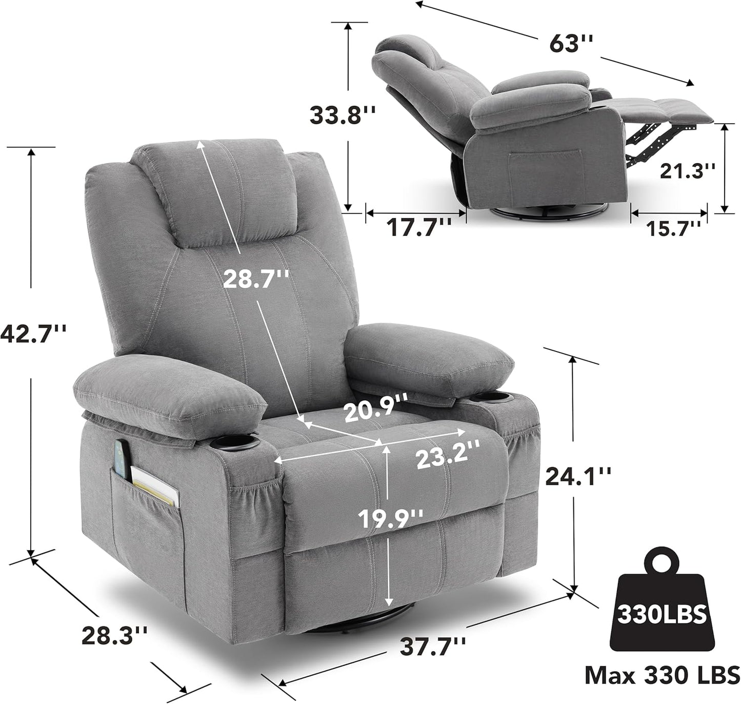 Oversized Swivel Rocker Recliner Chair With Heat And Massage, 360 Degree Swivel Rocking Single Sofa With Cup Holders And USB Port