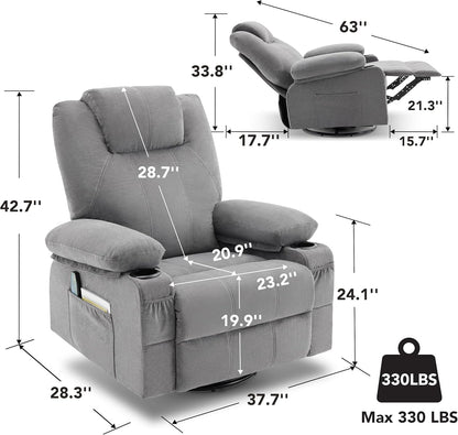 Oversized Swivel Rocker Recliner Chair With Heat And Massage, 360 Degree Swivel Rocking Single Sofa With Cup Holders And USB Port