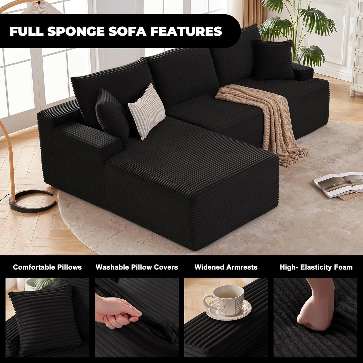 110 Cloud Sectional Couch, Boneless Sofa For Living Room Modular Sectional Sofa With Deep Seat