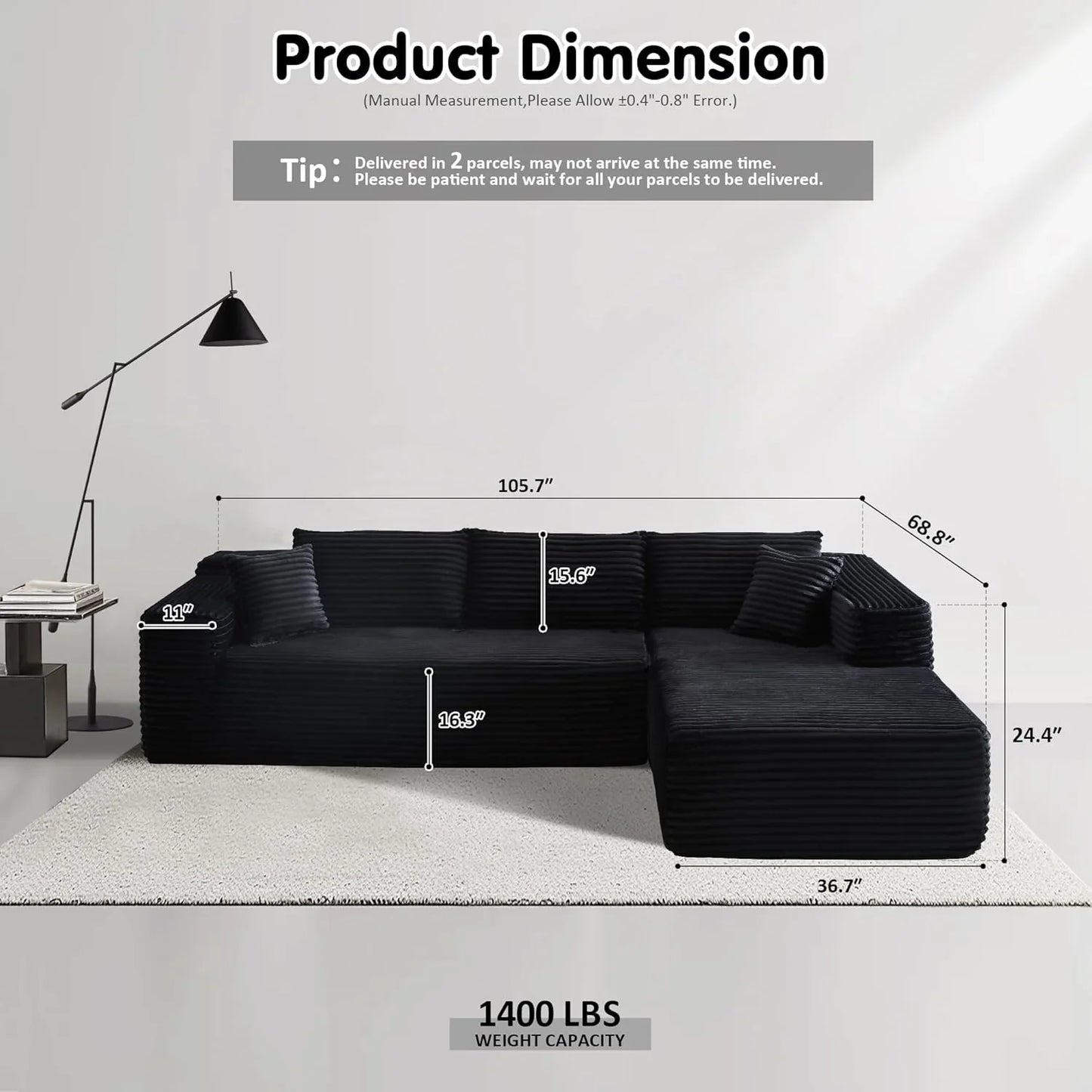 Ovios 104 In. Cloud Sectional Couch With L-Shape Chaise, Modern Modular Sofa With Deep Seat, Upholstered Couches For Living Room Bedroom