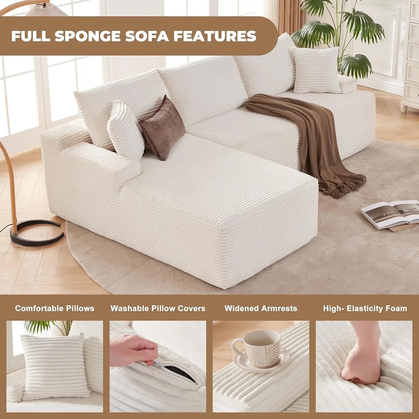 110 Cloud Sectional Couch, Boneless Sofa For Living Room Modular Sectional Sofa With Deep Seat