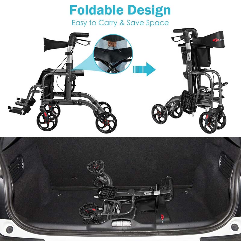 2-in-1 Rollator Walker Wheelchair Folding Medical Walker Aluminum Transport Chair Mobility Walking Aid- Comfortable And Ergonomic Design